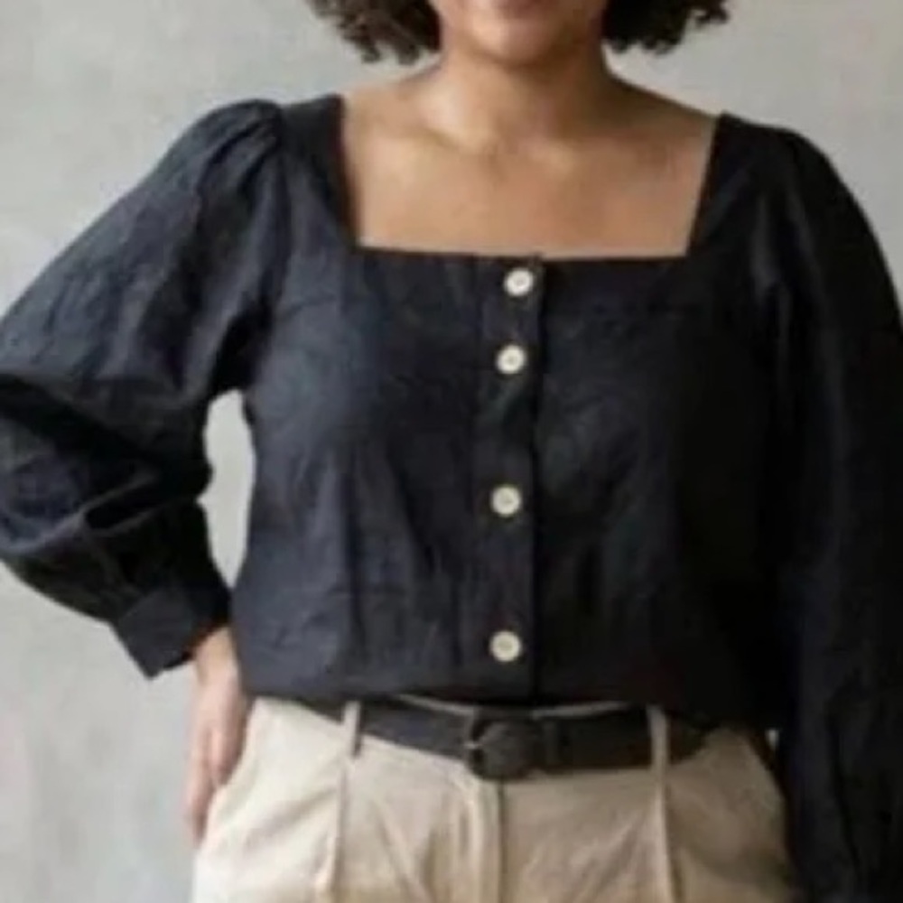 J. Crew Black Square-Neck Button Front Puff Sleeve Blouse
